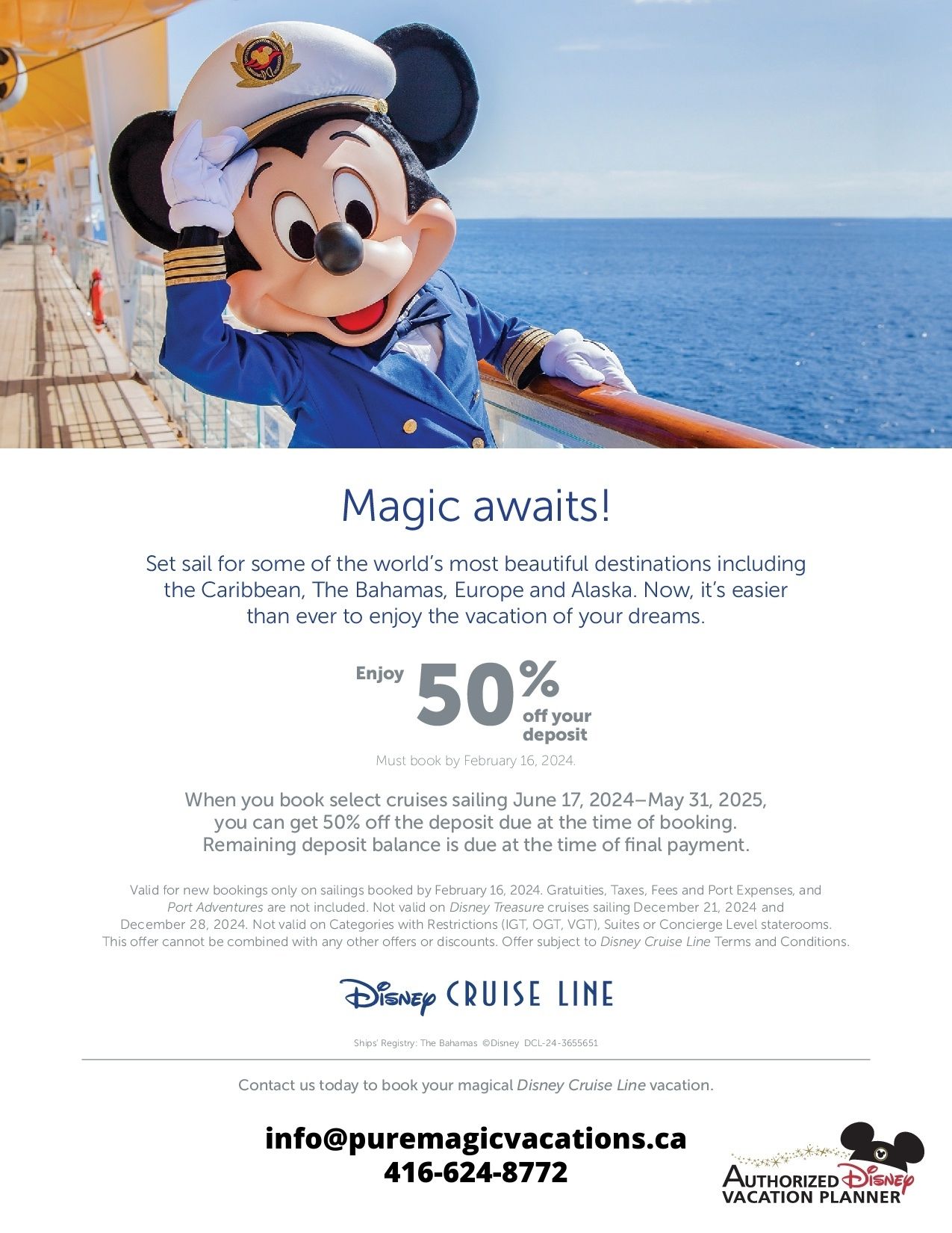 Magic Awaits! Enjoy 50% off your Disney Cruise Line deposit