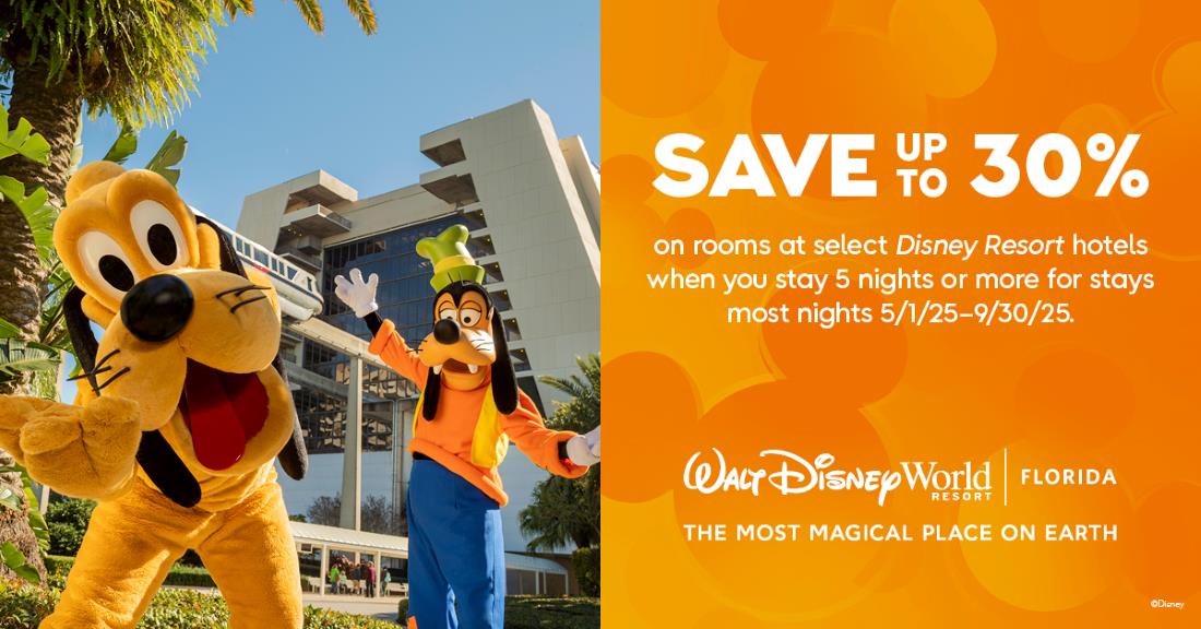 Save Up to 30% on Rooms at Select Disney Resort Hotels When You Stay 5 Nights or Longer