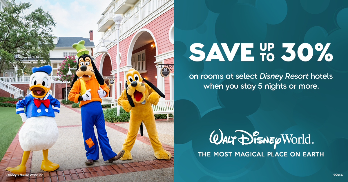 Save Up to 30% on Rooms at Select Disney Resorts Collection Hotels When You Stay 5 Nights or Longer