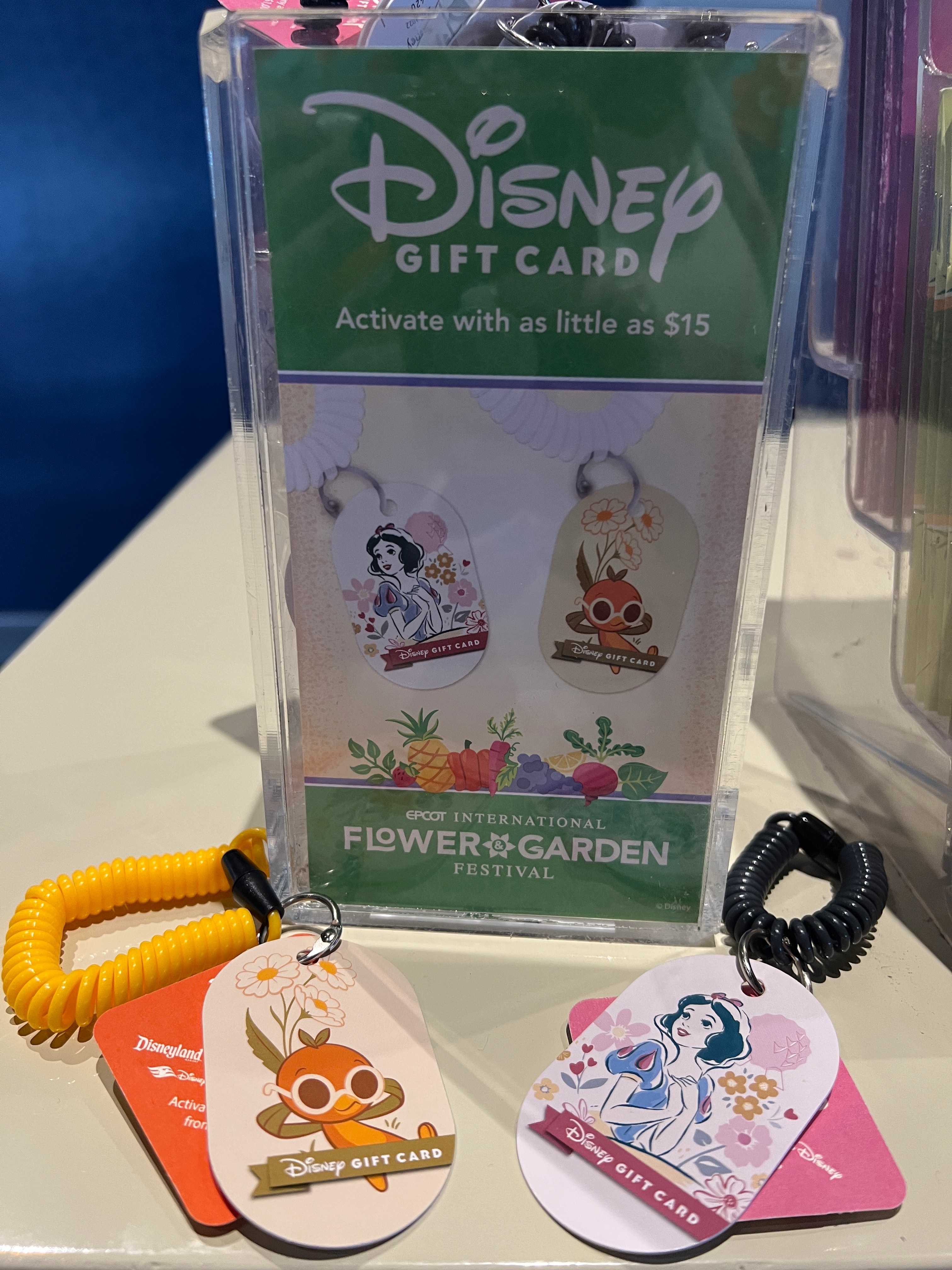 EPCOT International Flower & Garden Festival Disney Gift Card wristband display with character designs