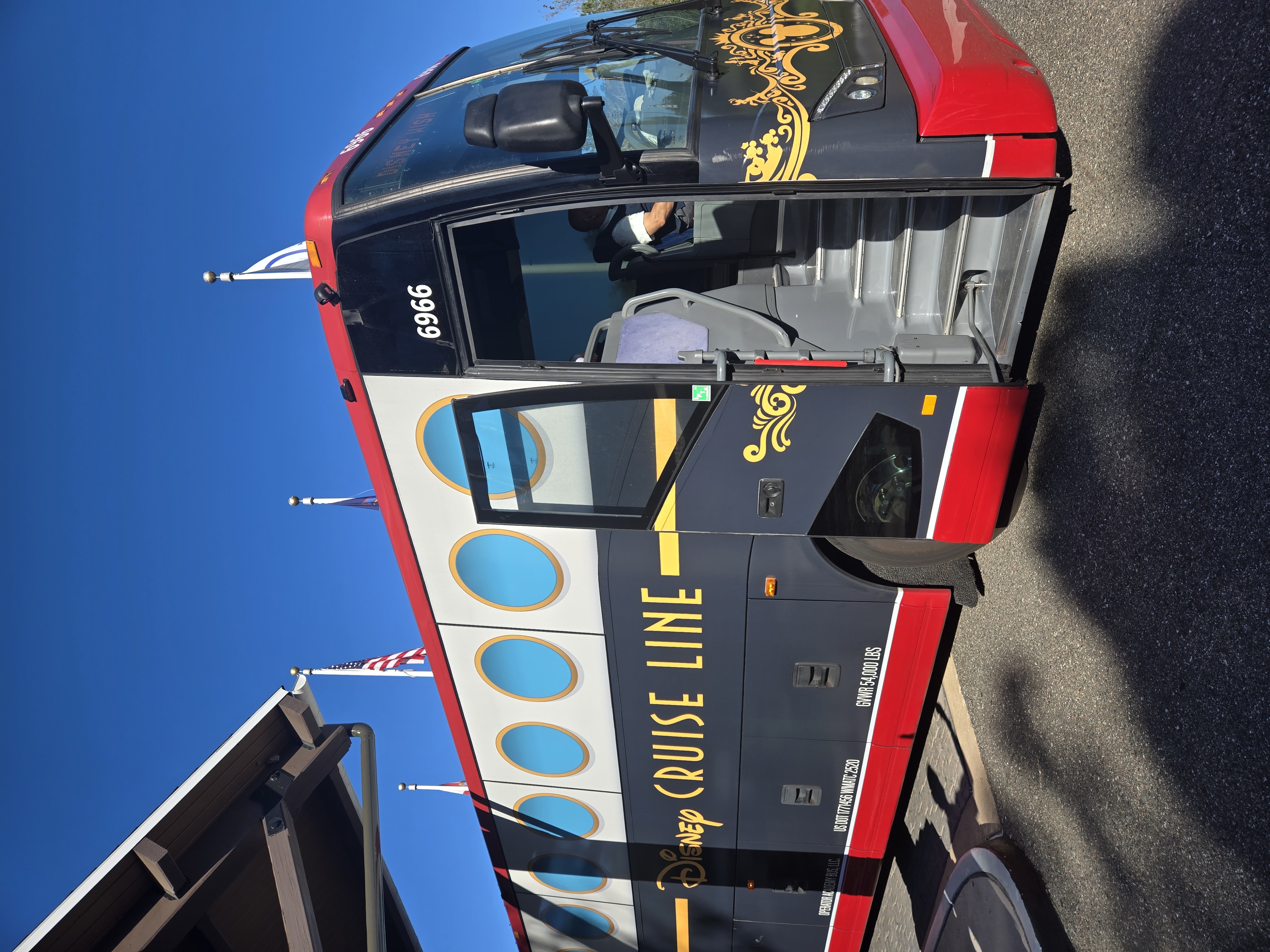 Disney Cruise Line transfer bus at Walt Disney World Resort transporting guests to Port Canaveral cruise terminal