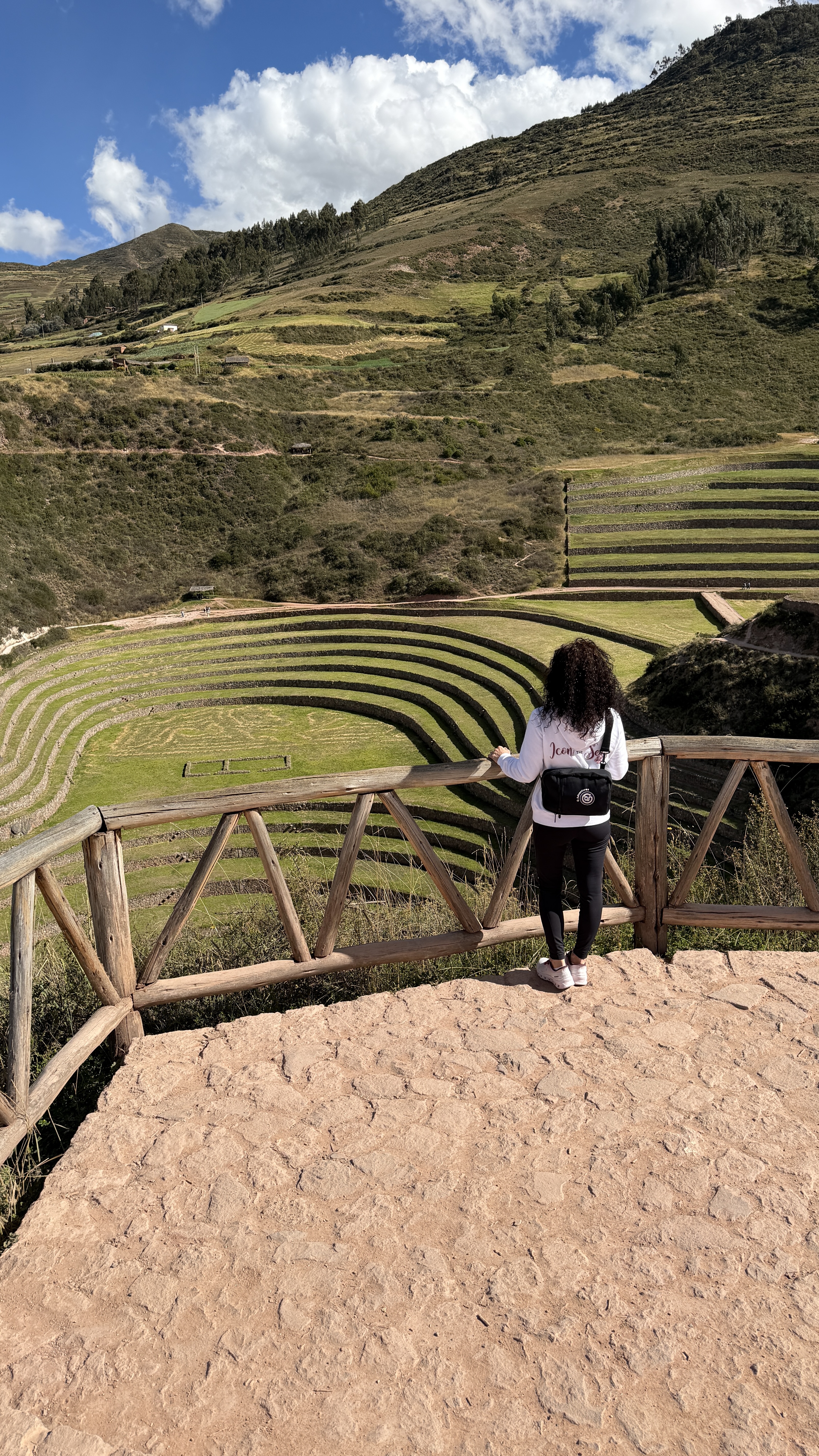 Marie overlooking the circular Inca terraces at Moray in Peru’s Sacred Valley.
