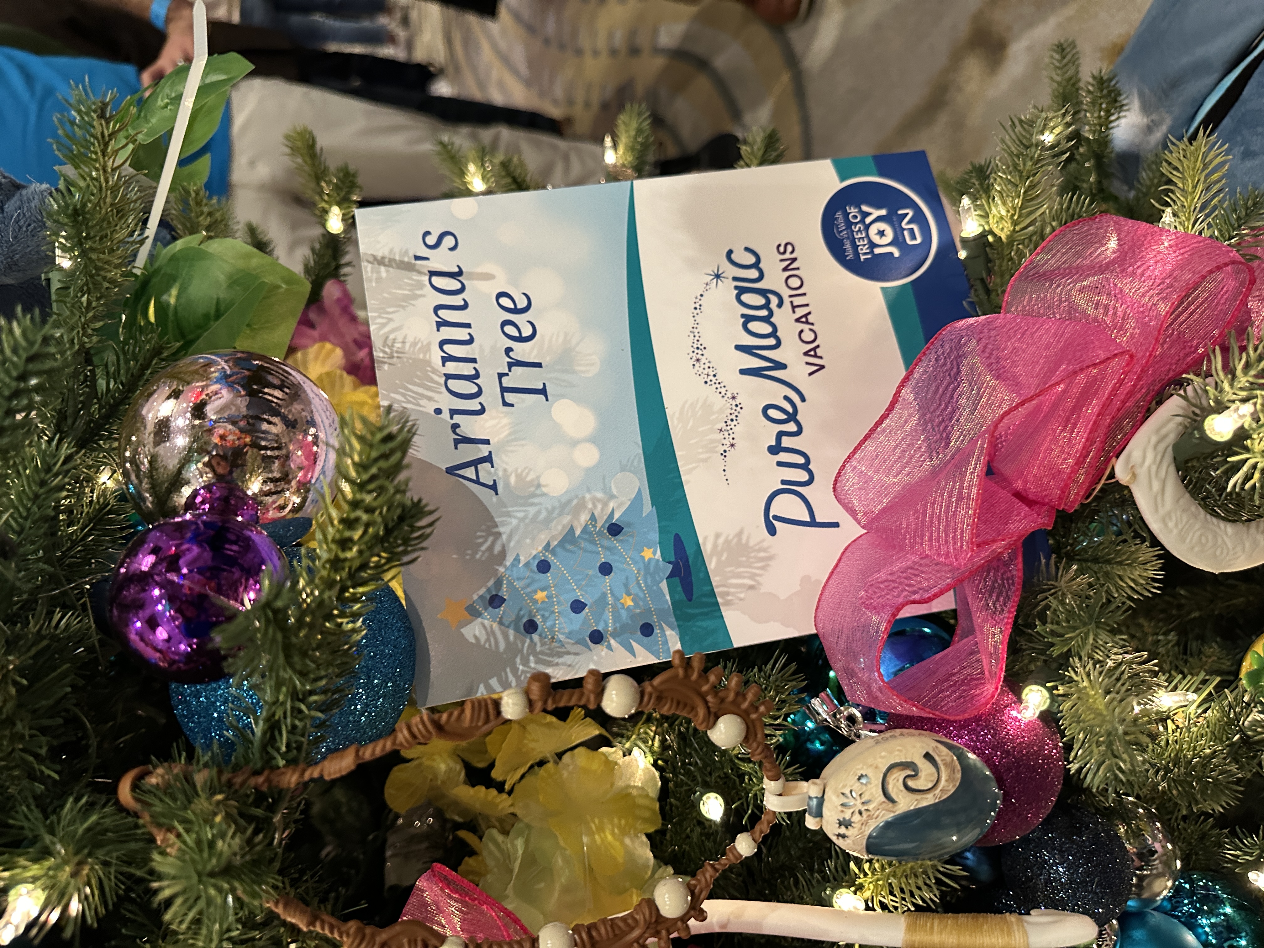 Arianna's Tree sign with the Pure Magic Vacations and Trees of Joy logos, surrounded by colourful Christmas decorations.
